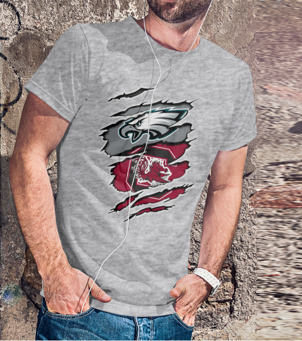 Eagles Gamecocks Logo Clash On Ripped Grey Background T-Shirt