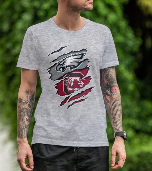 Eagles Gamecocks Logo Clash On Ripped Grey Background T-Shirt