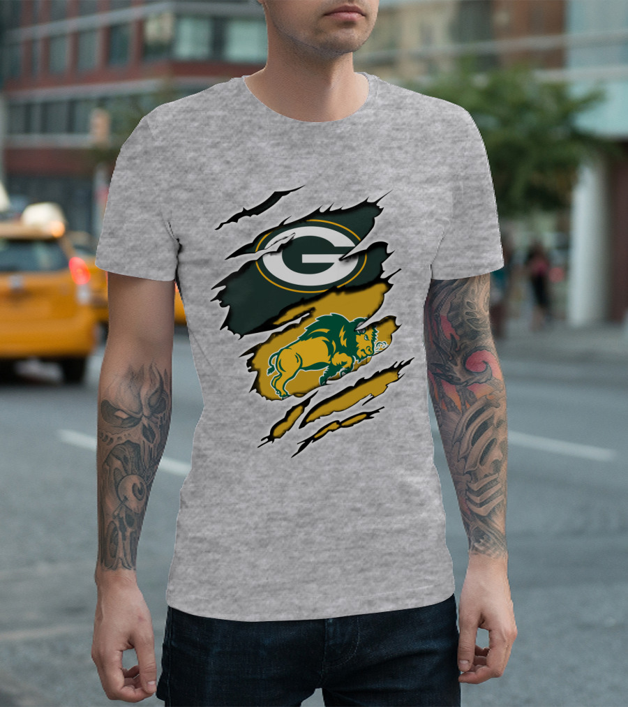 Packers Green And Gold G Logo With Dakota Bison Ripped T-Shirt
