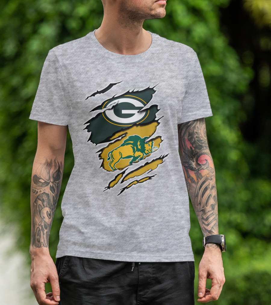 Packers Green And Gold G Logo With Dakota Bison Ripped T-Shirt