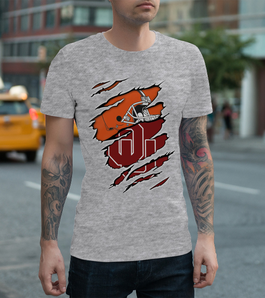 Browns Football Helmet With University Of Oklahoma T-Shirt