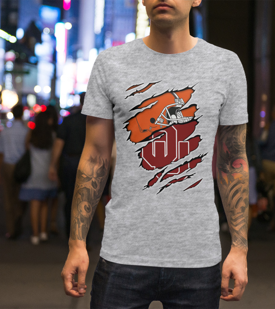 Browns Football Helmet With University Of Oklahoma T-Shirt