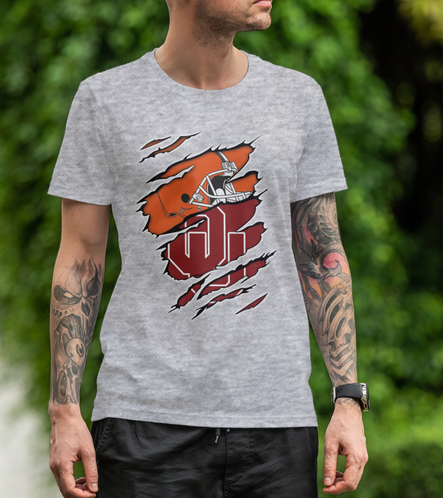 Browns Football Helmet With University Of Oklahoma T-Shirt