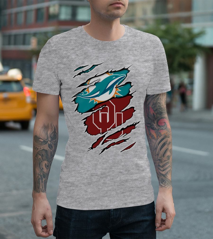 Miami Dolphins Oklahoma Sooners Teal Aqua Crimson Red Blend T-Shirt