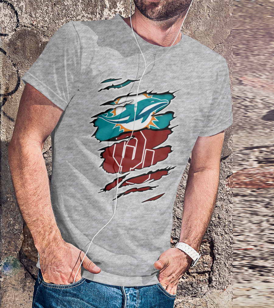 Miami Dolphins Oklahoma Sooners Teal Aqua Crimson Red Blend T-Shirt