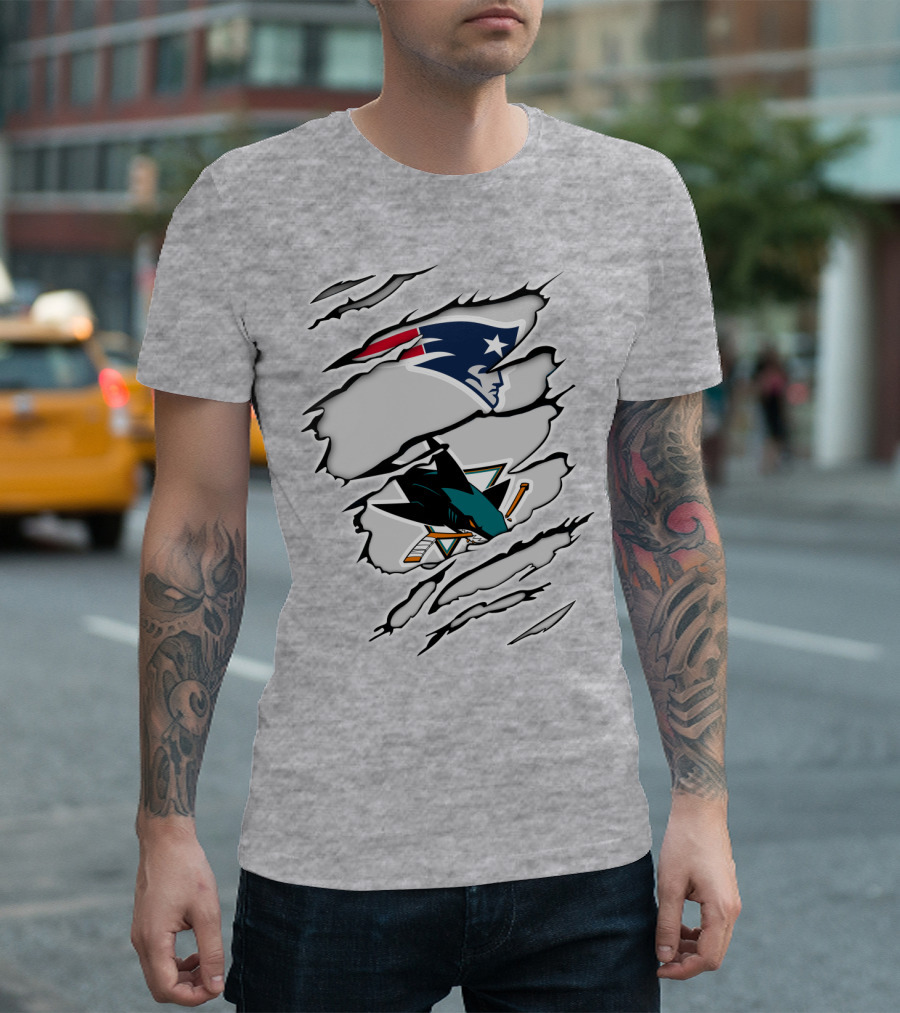 New England Patriots San Jose Sharks Ripped Tear T-Shirt