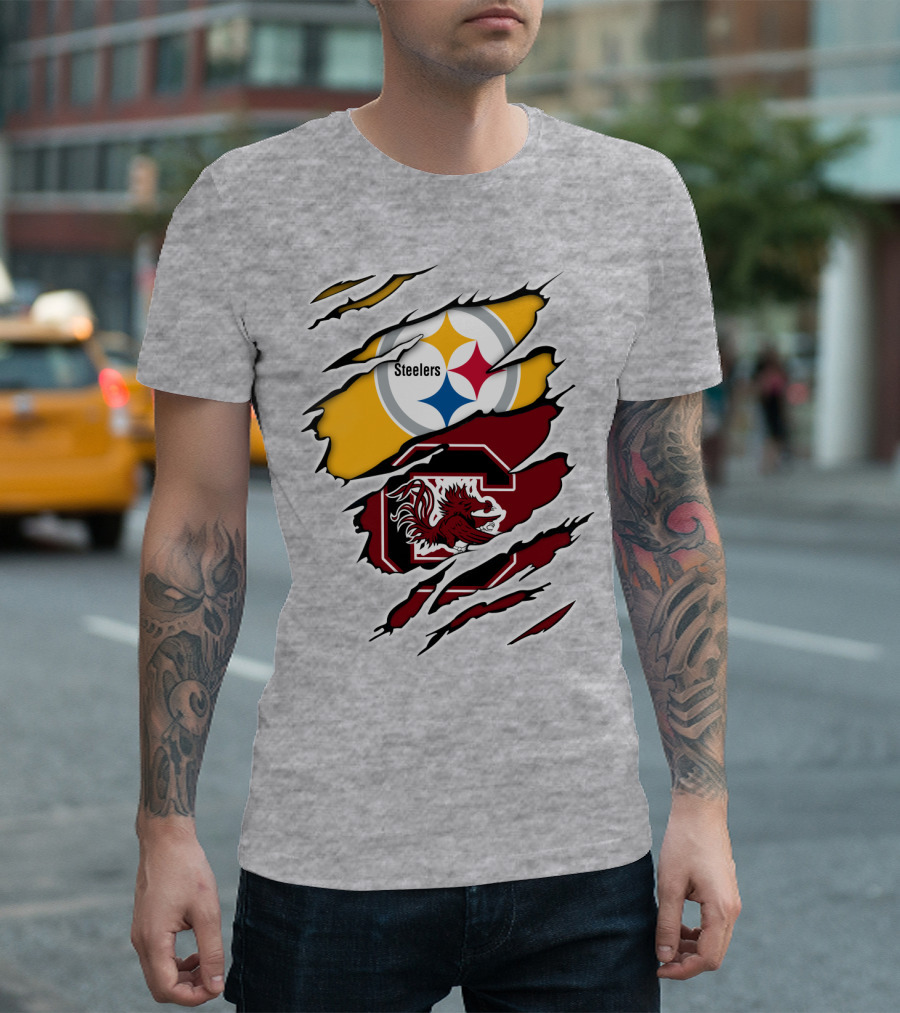 Steelers Gamecocks Logo Mashup with Scratch Marks T-Shirt