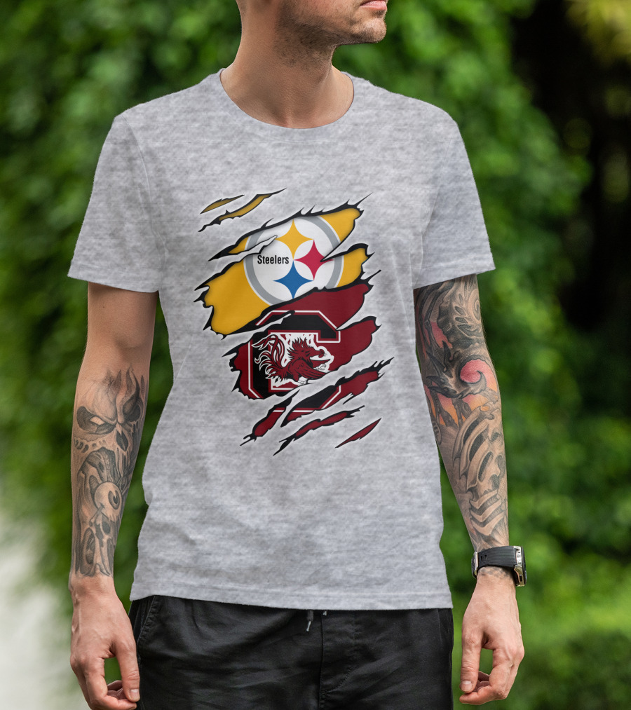 Steelers Gamecocks Logo Mashup With Scratch Marks T-Shirt