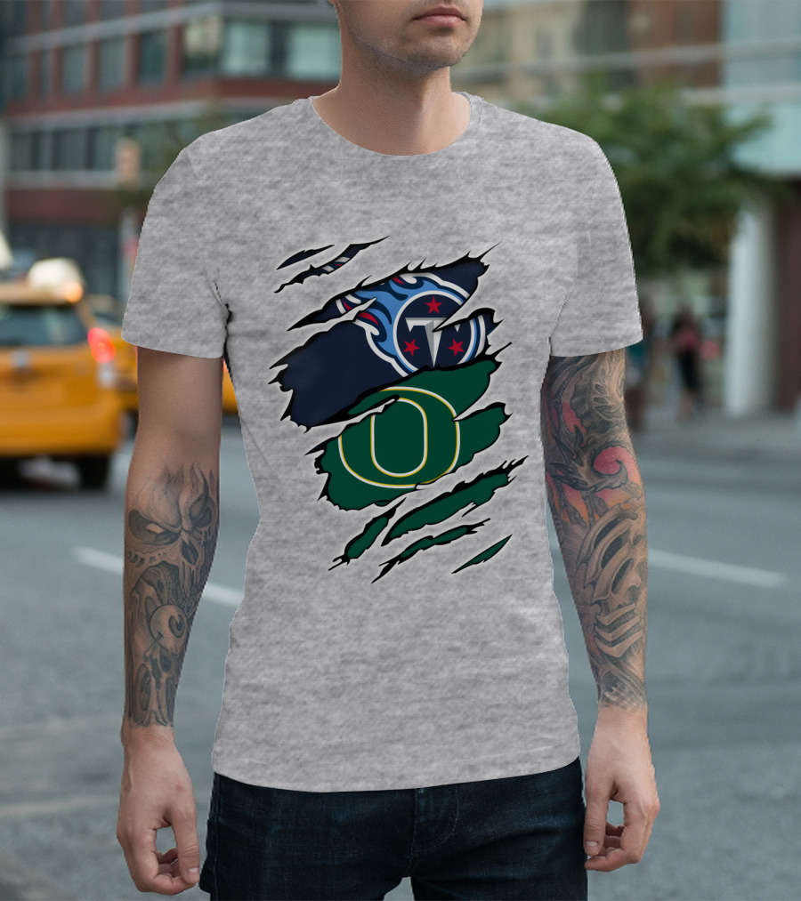 Tennessee Titans And Oregon Ducks Ripped Logo Claw Marks T-Shirt
