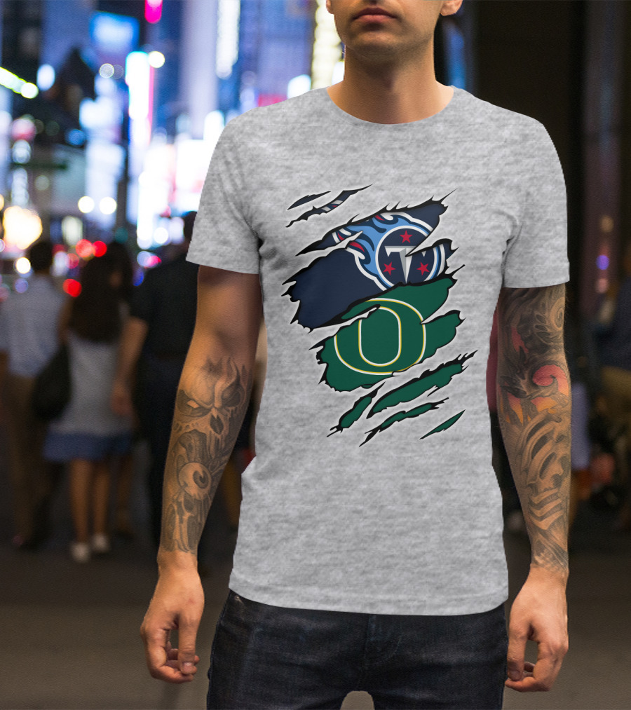 Tennessee Titans And Oregon Ducks Ripped Logo Claw Marks T-Shirt