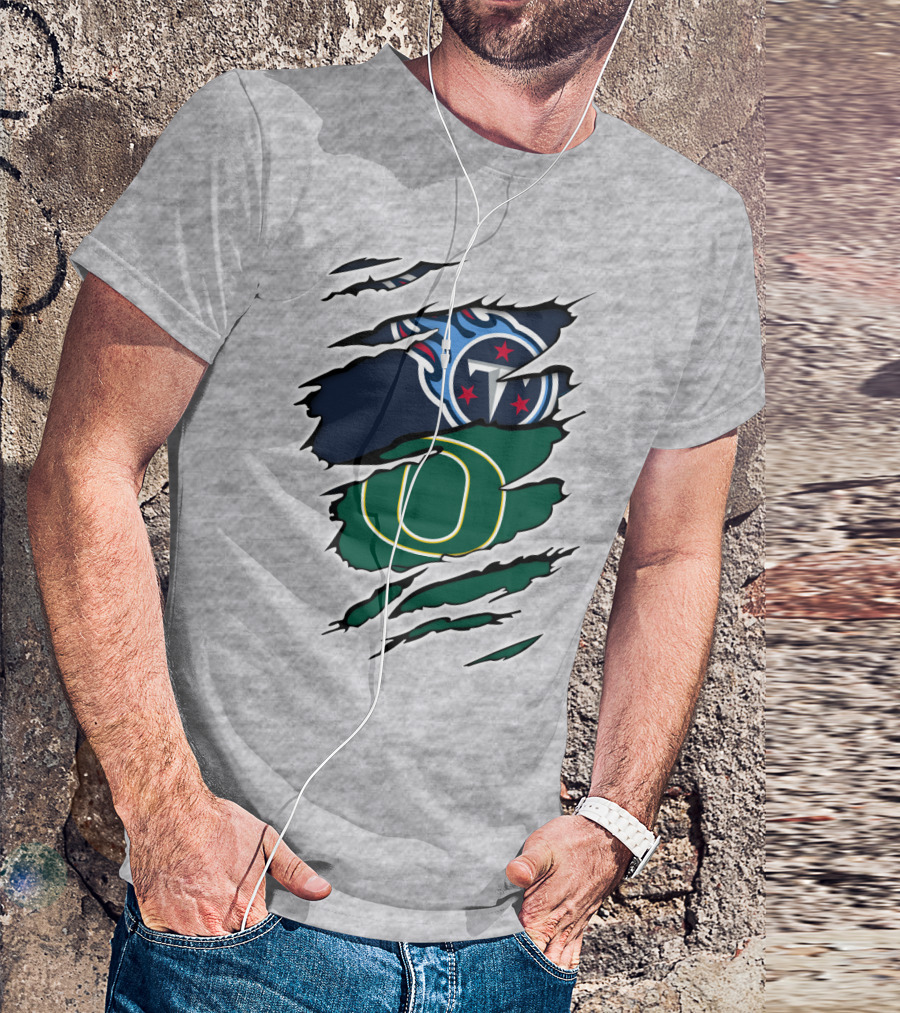 Tennessee Titans And Oregon Ducks Ripped Logo Claw Marks T-Shirt