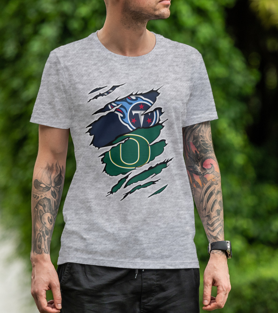 Tennessee Titans And Oregon Ducks Ripped Logo Claw Marks T-Shirt