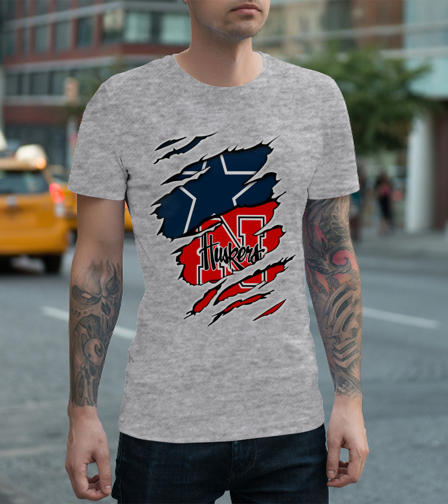Cowboys Nebraska Huskers N Logo With Star Ripped T-Shirt