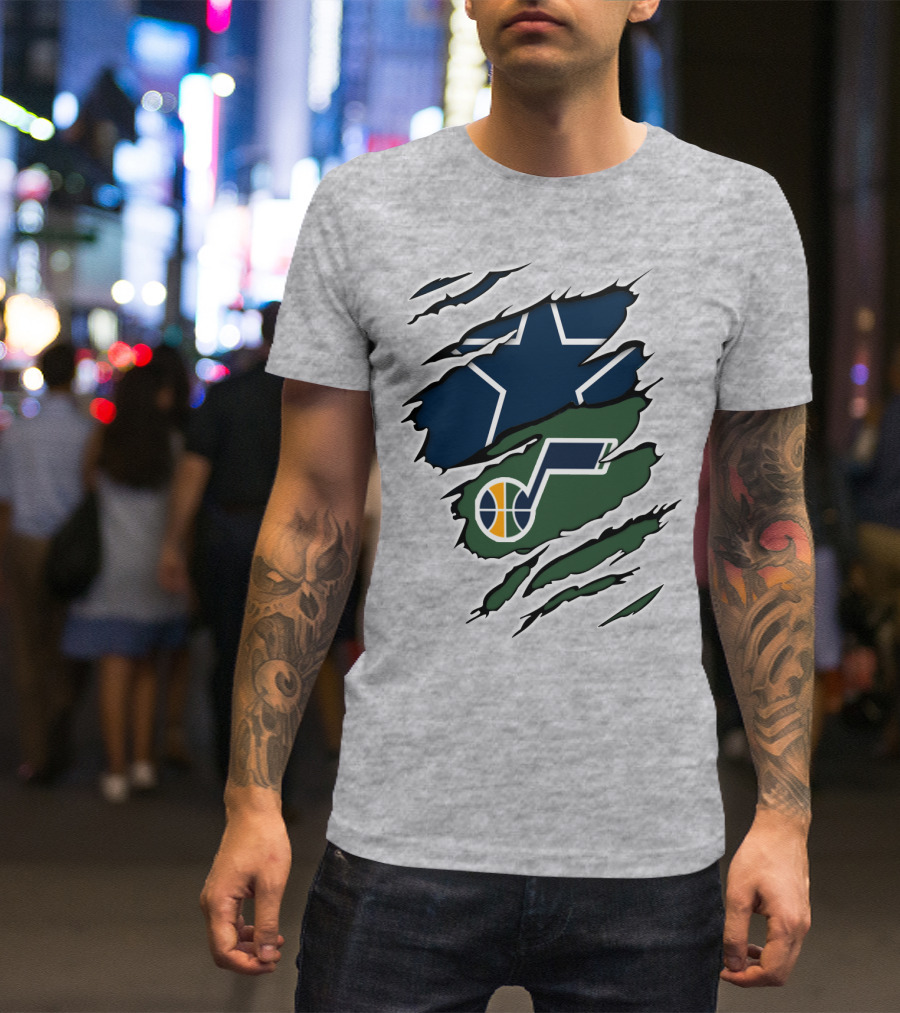 Cowboys Utah Jazz Crossover Logo Football Basketball Fan Combo T-Shirt