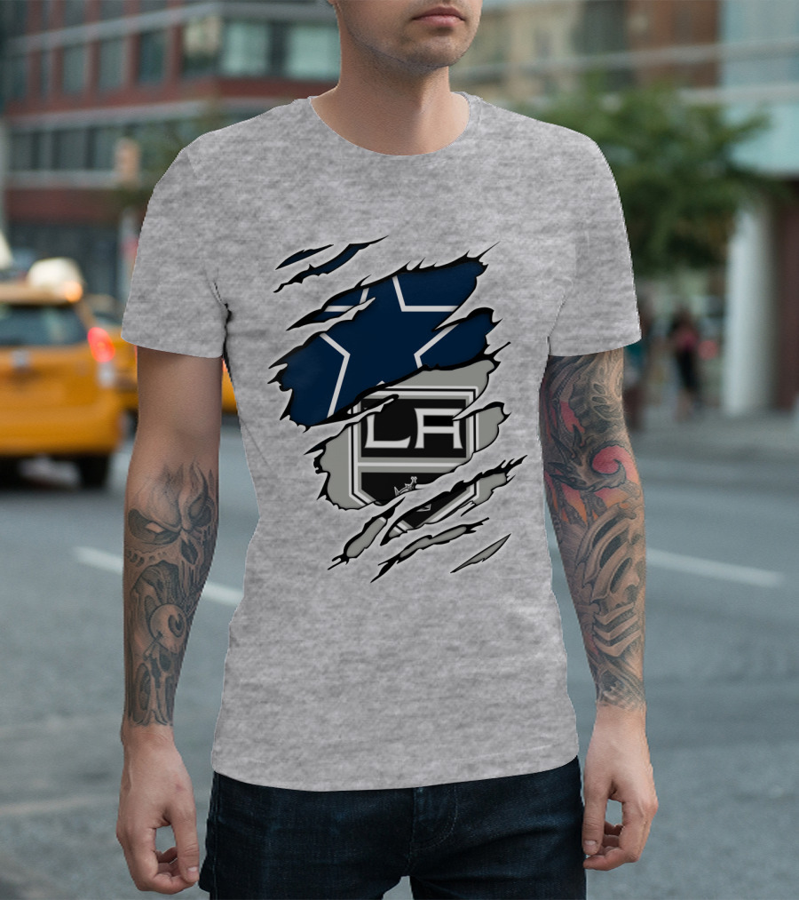Cowboys Kings LA Logos Behind Torned Blue Star T-Shirt