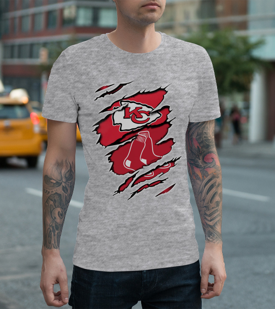 Chiefs Redsox KC Logo and Sox Emblem Torn T-Shirt