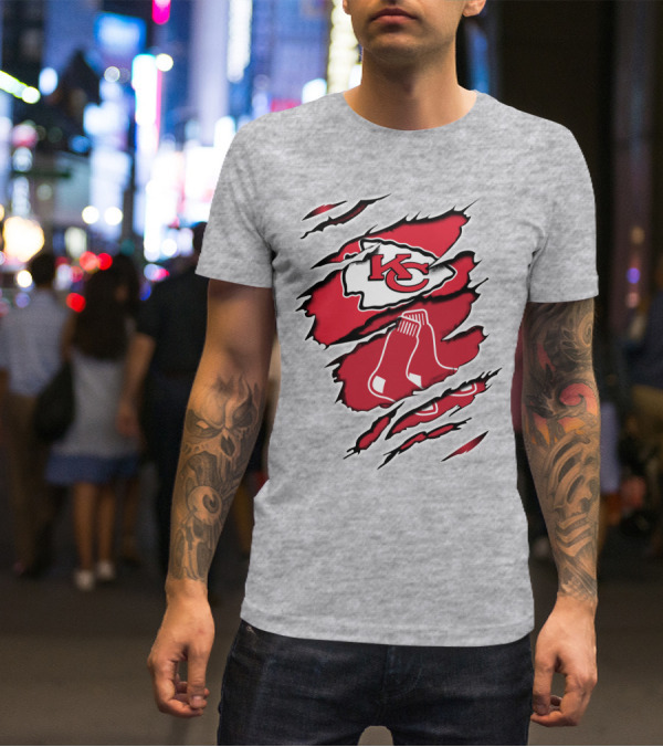 Chiefs Redsox KC Logo And Sox Emblem Torn T-Shirt