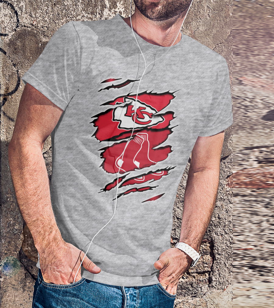 Chiefs Redsox KC Logo And Sox Emblem Torn T-Shirt