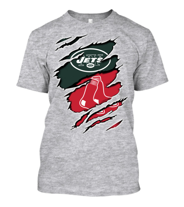 Jets Redsox Torn Logos Green Football Red Socks T-Shirt