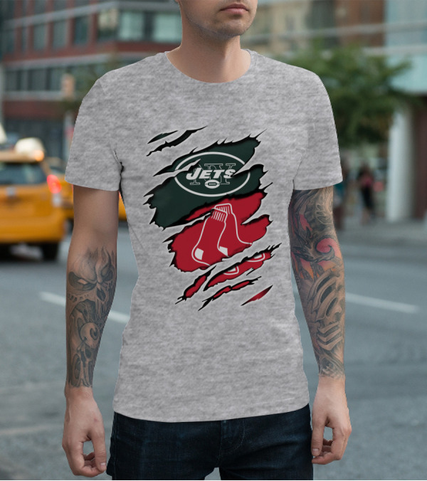 Jets Redsox Torn Logos Green Football Red Socks T-Shirt