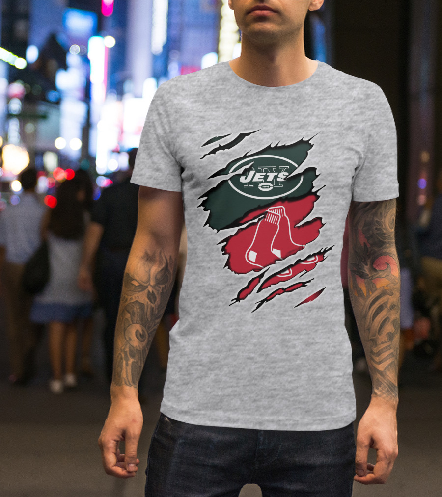 Jets Redsox Torn Logos Green Football Red Socks T-Shirt
