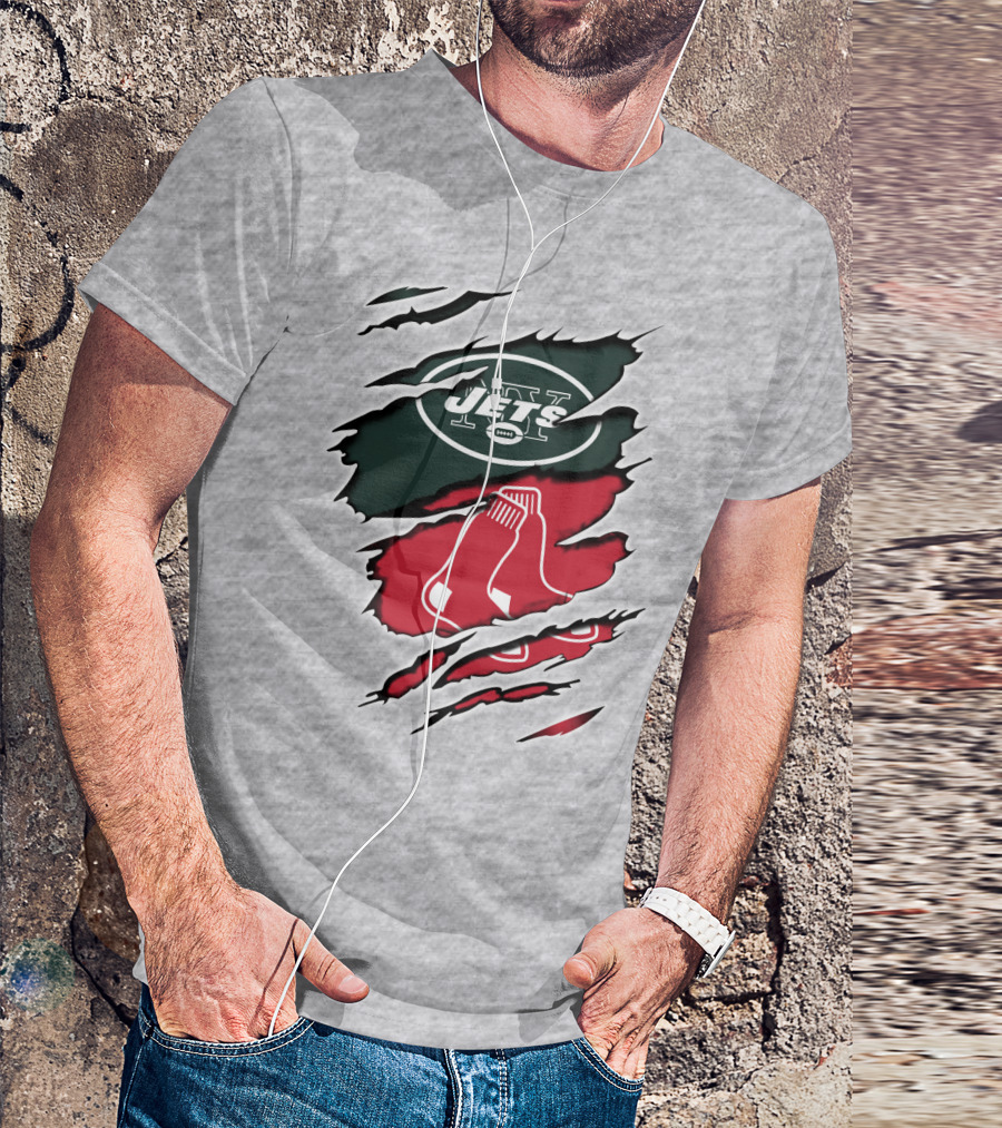 Jets Redsox Torn Logos Green Football Red Socks T-Shirt