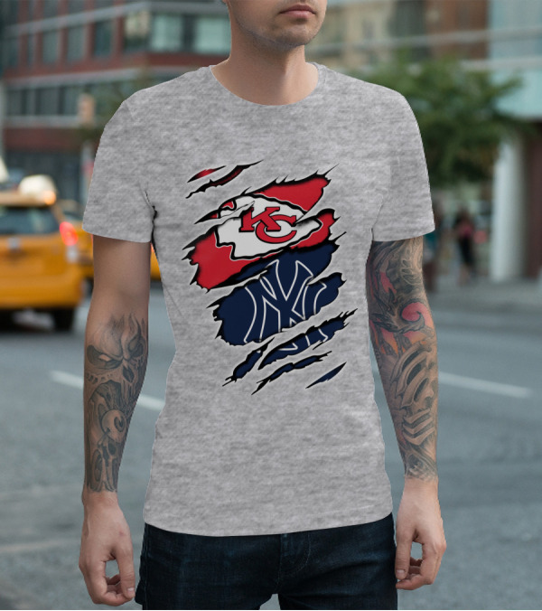 Chiefs Yankees KC NY Hybrid Logo Ripped T-Shirt