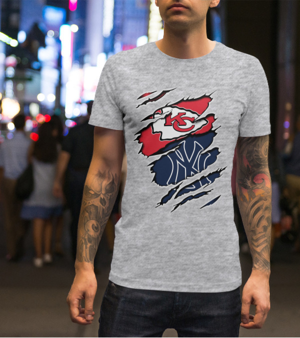 Chiefs Yankees KC NY Hybrid Logo Ripped T-Shirt