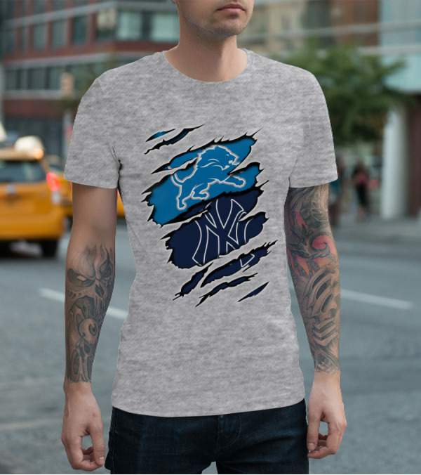 Detroit Lions And New York Yankees Ripped Claw T-Shirt