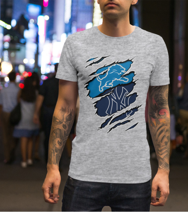 Detroit Lions And New York Yankees Ripped Claw T-Shirt