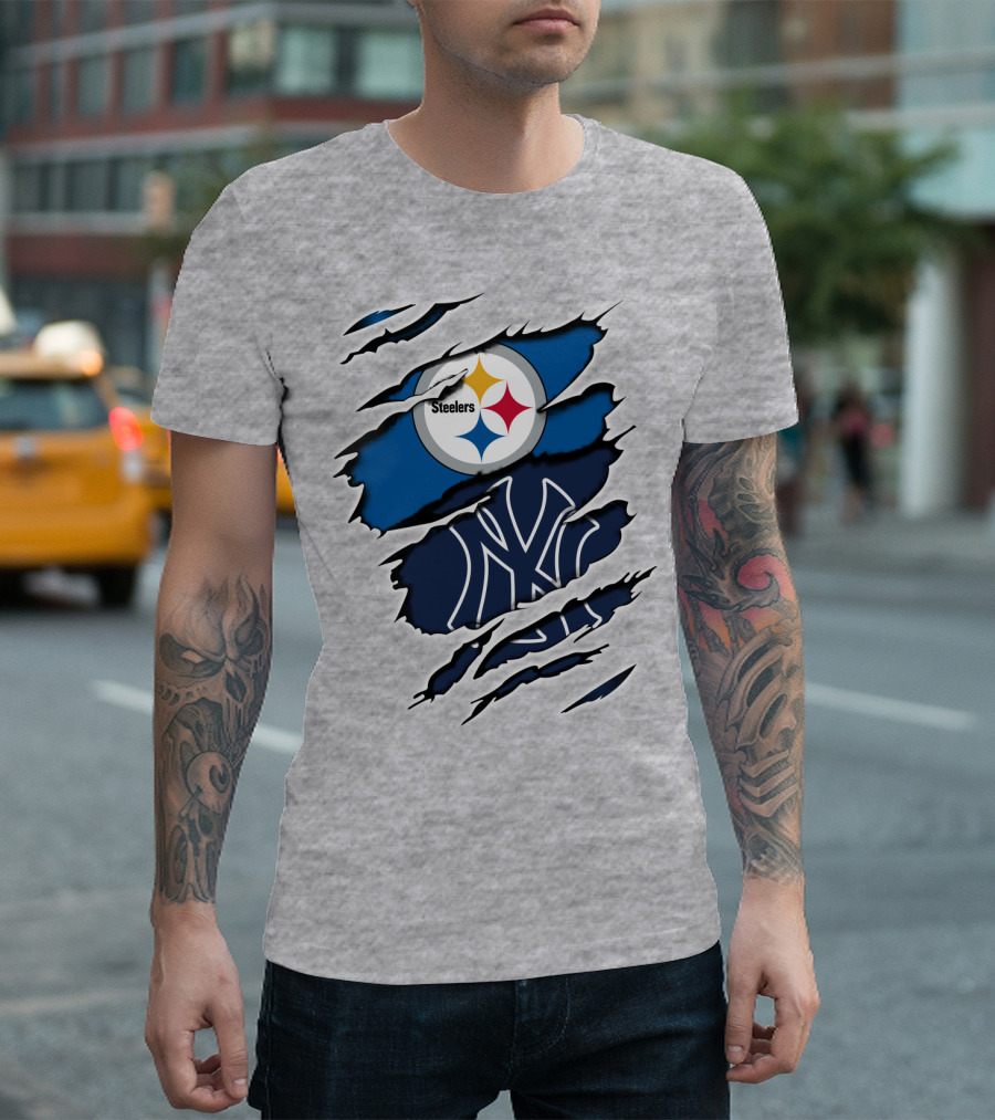 Steelers Yankees Logo Fusion Ripped Effect T-Shirt
