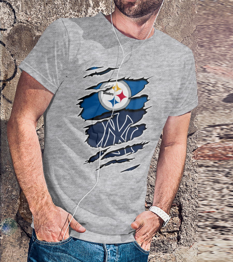 Steelers Yankees Logo Fusion Ripped Effect T-Shirt