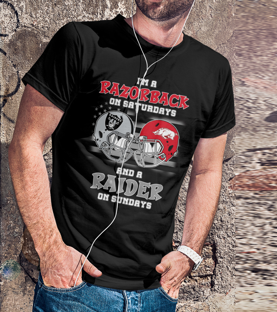 I'm A Razorback On Saturdays And A Raider On Sundays Razorbacks Raiders Helmet T-Shirt