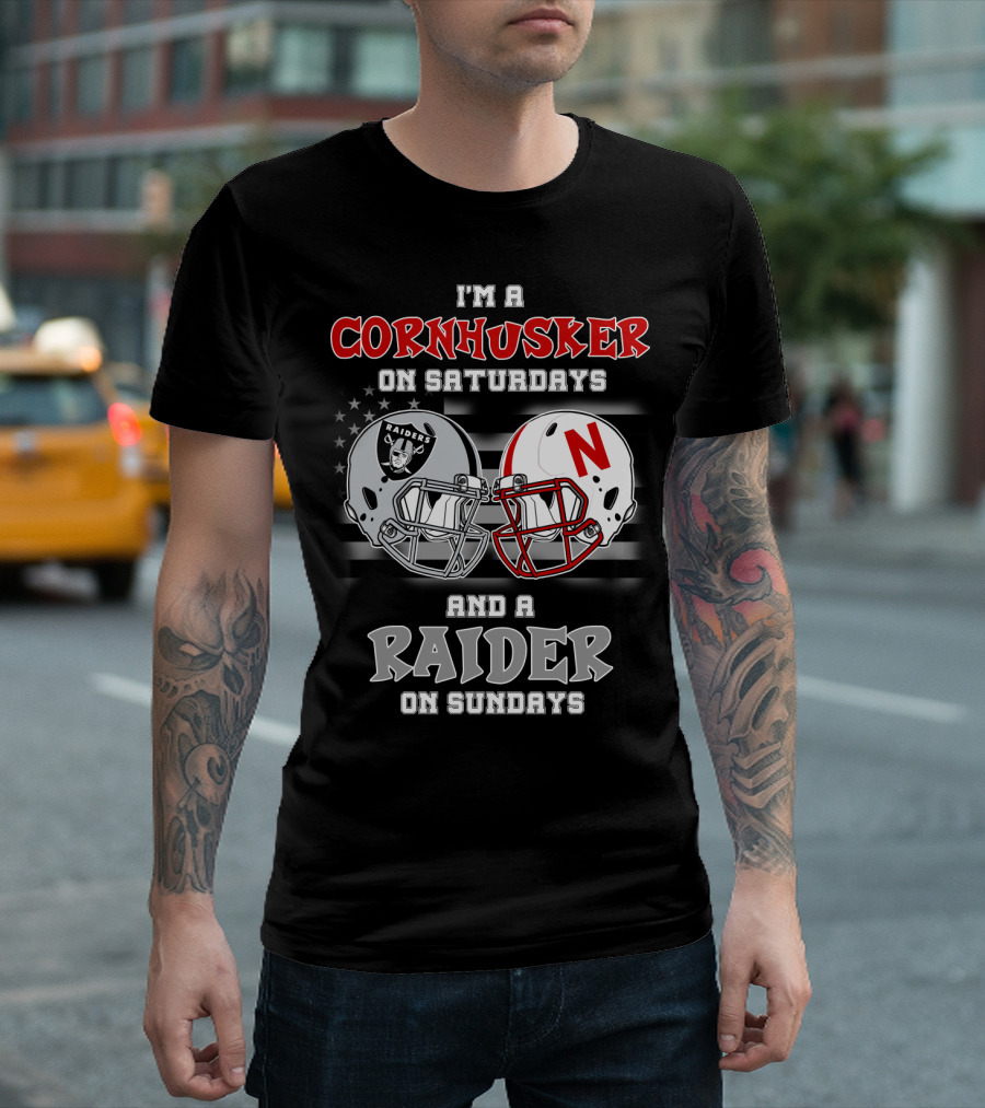 I'm a Cornhusker on Saturdays and a Raider on Sundays Raiders Nebraska Helmet T-Shirt