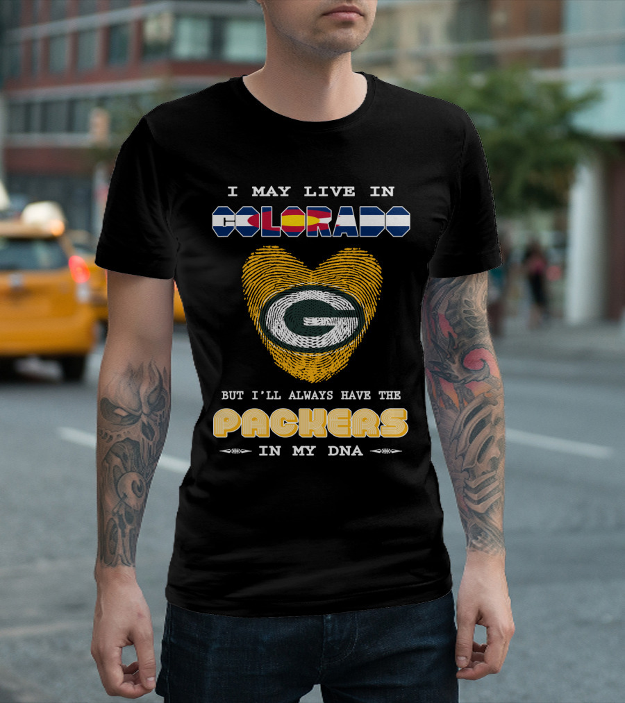 I May Live In Colorado But I'll Always Have The Packers In My Dna Fingerprint Heart T-Shirt