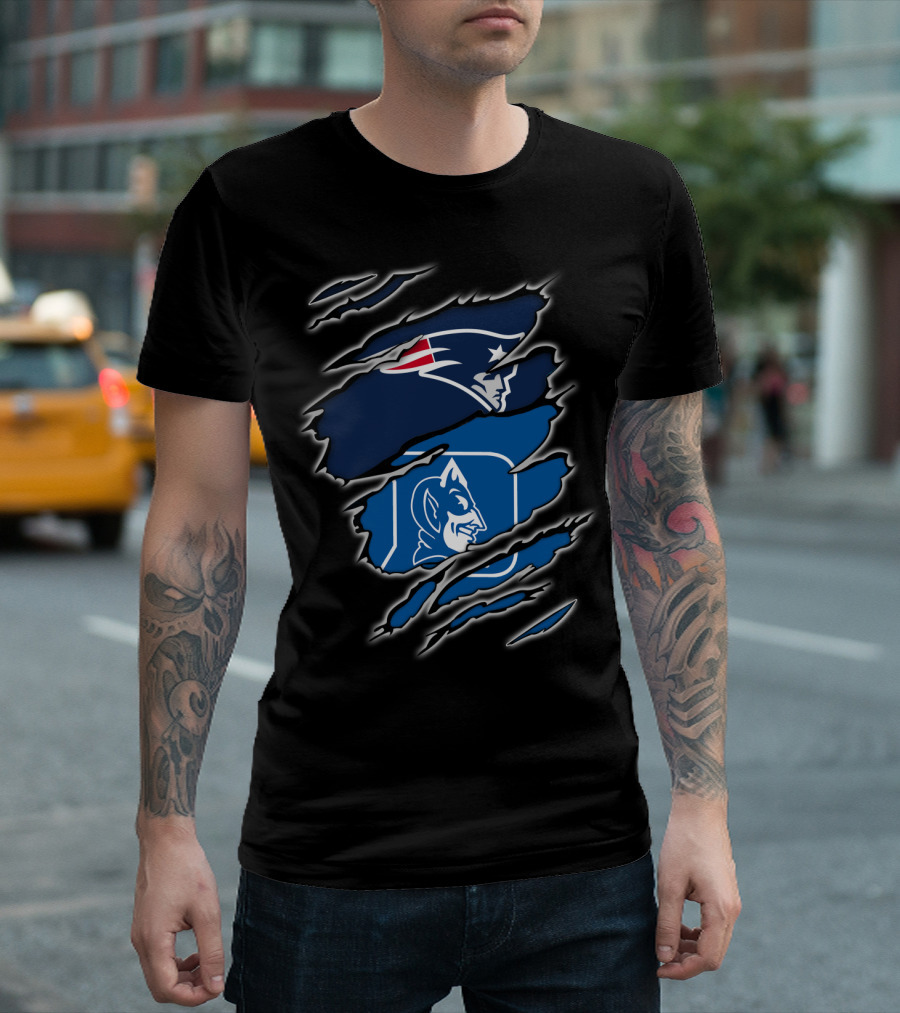 New England Patriots And Duke Blue Devils Logos In Claw Marks T-Shirt