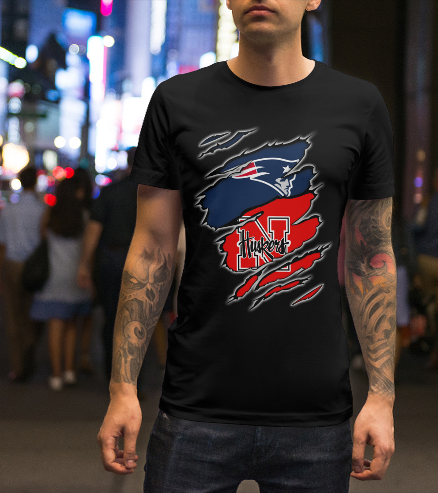 Patriots Logo With Huskers Nebraska N And Huskers Text In Torn T-Shirt