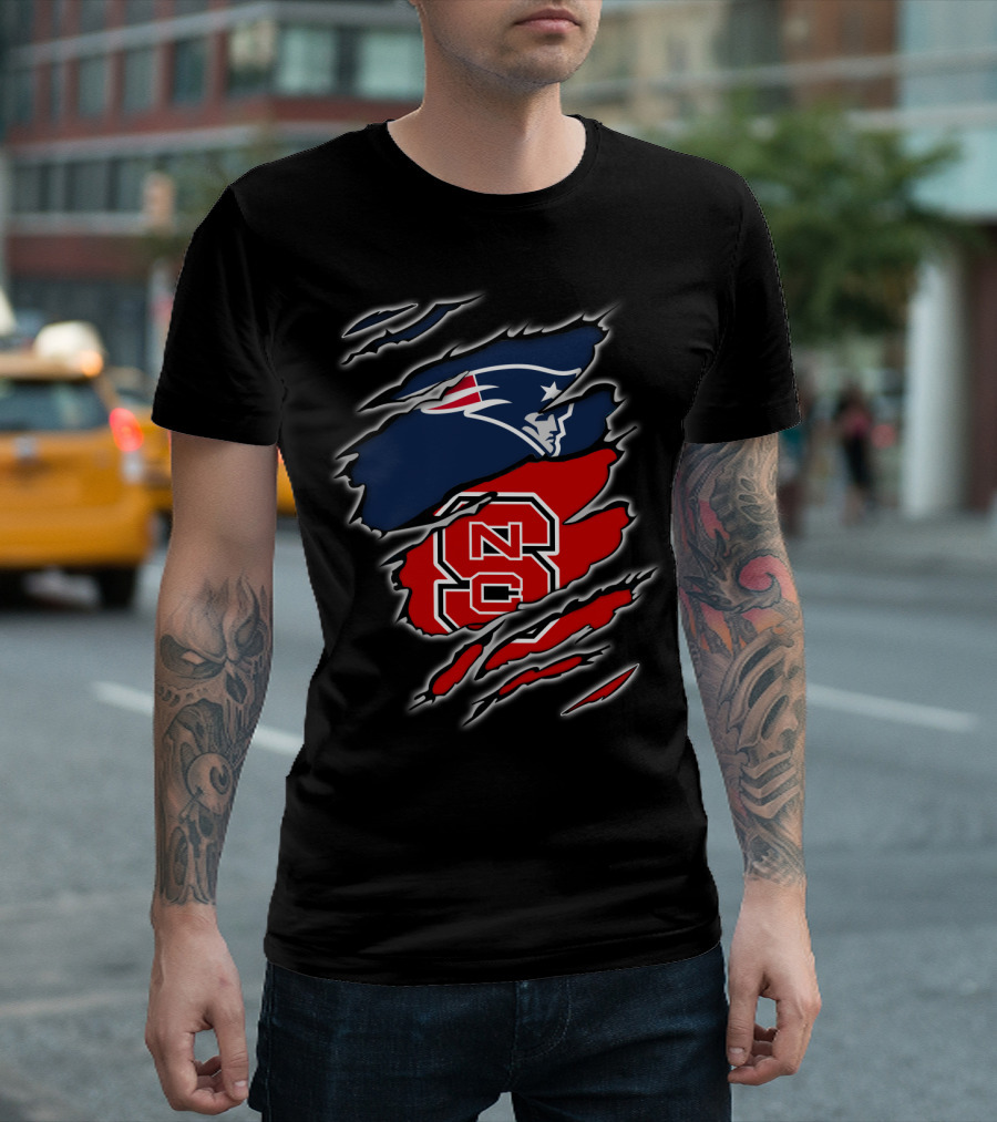 Ripped Design Featuring Patriots Logo and NC State Wolfpack T-Shirt