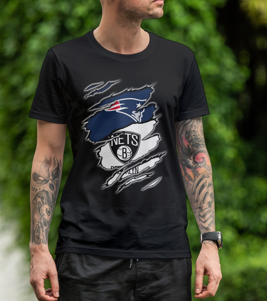 New England Patriots And Brooklyn Nets Ripped T-Shirt