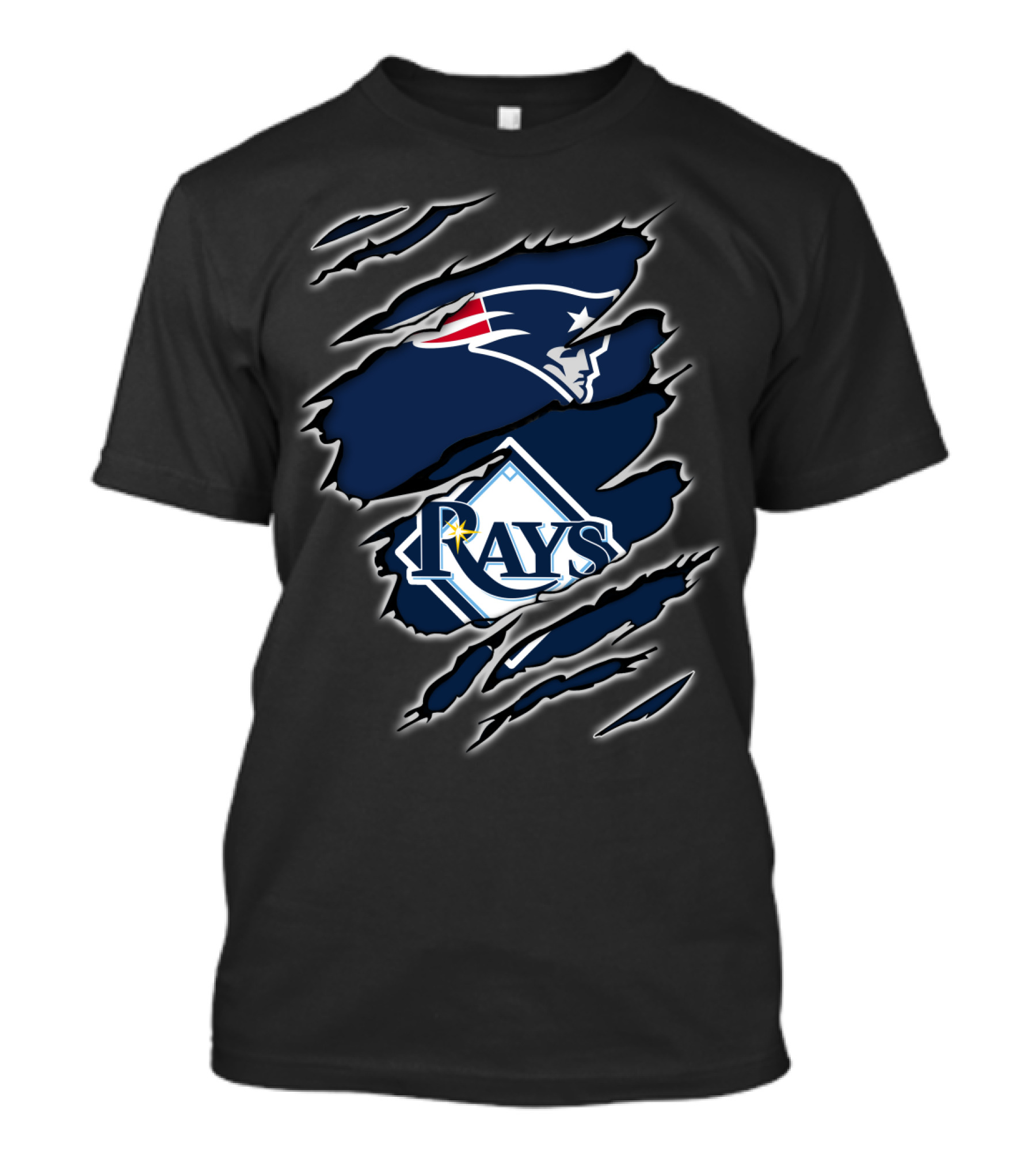 Patriots And Rays Logos In Torn T-Shirt