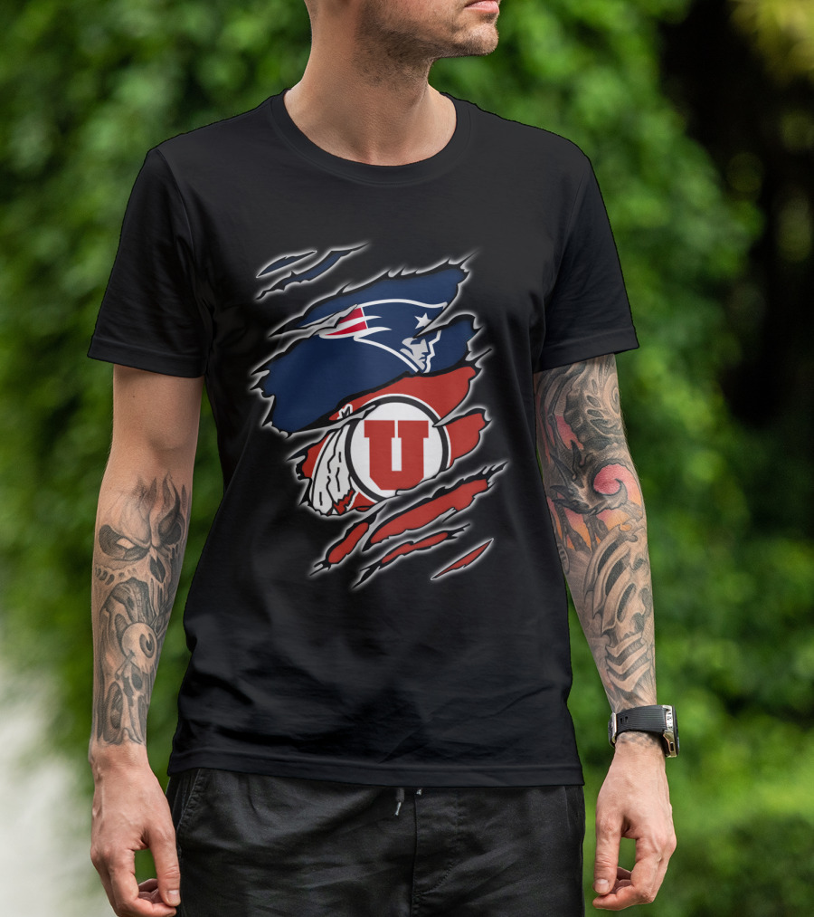 New England Patriots And Utah Utes Torn Ripped Combo T-Shirt