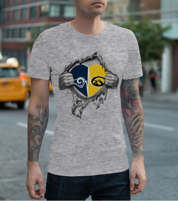 Hawkeyes Rams Split Heart Logo With Ripped Effect T-Shirt