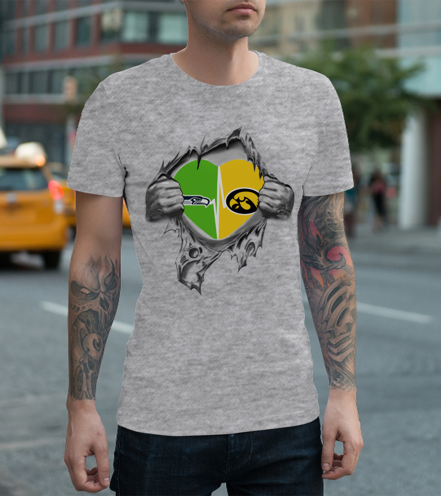 Hawkeyes Seahawks Heart Split Torn Grey Background T-Shirt