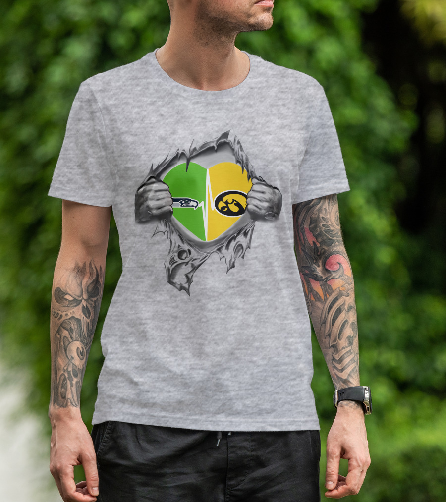 Hawkeyes Seahawks Heart Split Torn Grey Background T-Shirt