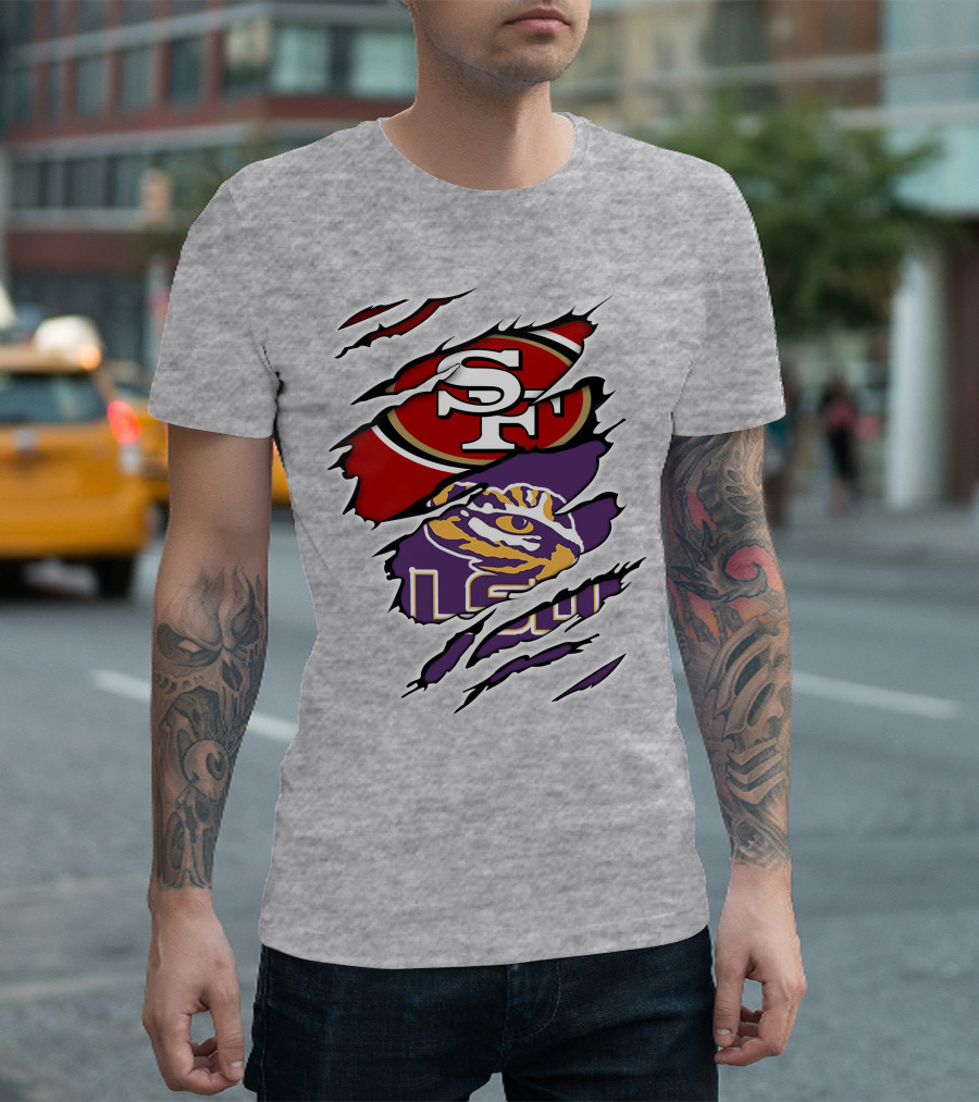 LSU Tigers And San Francisco 49ers Logos On Torn Background T-Shirt