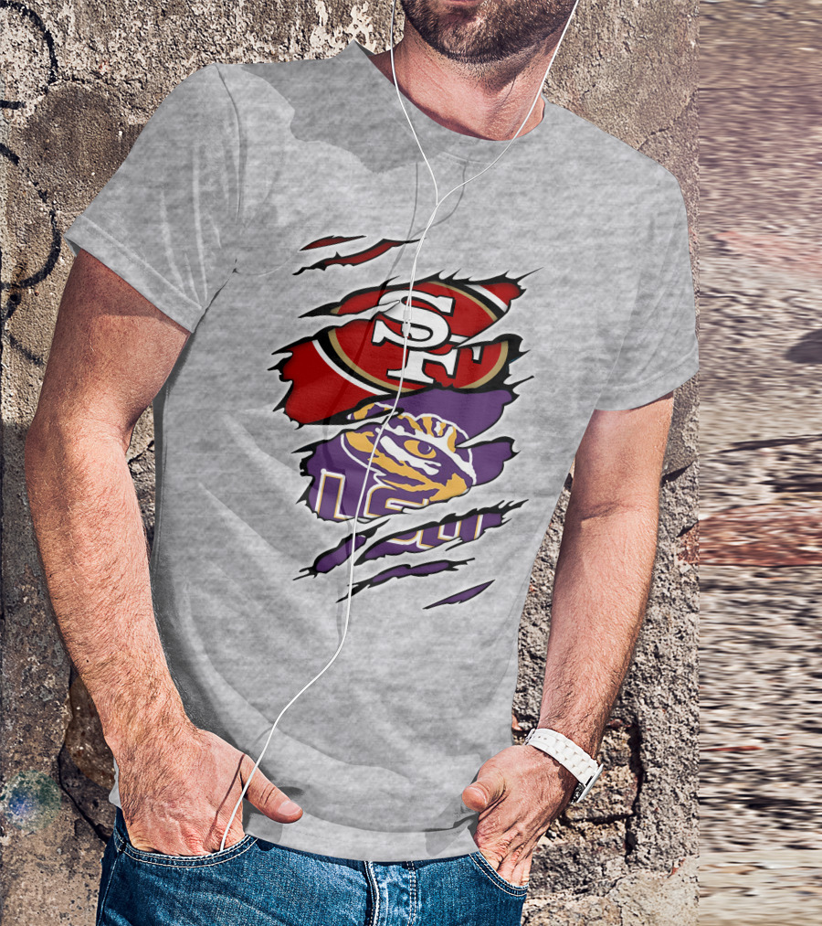 LSU Tigers And San Francisco 49ers Logos On Torn Background T-Shirt