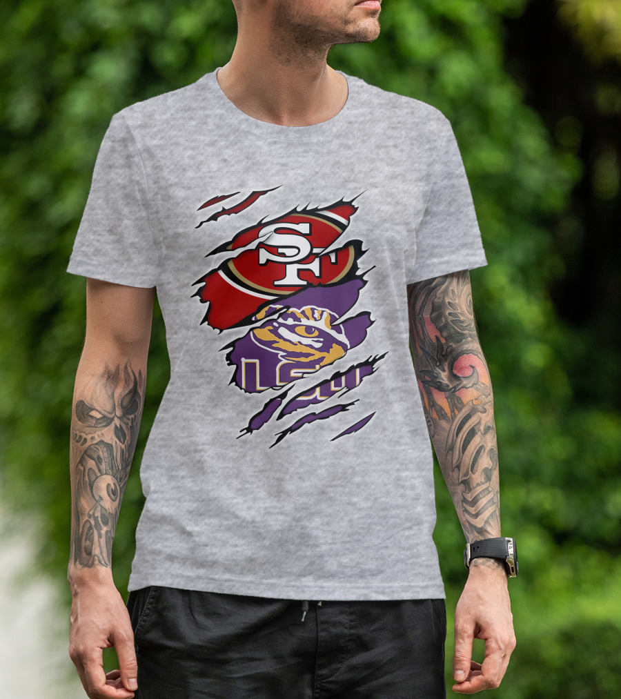 LSU Tigers And San Francisco 49ers Logos On Torn Background T-Shirt