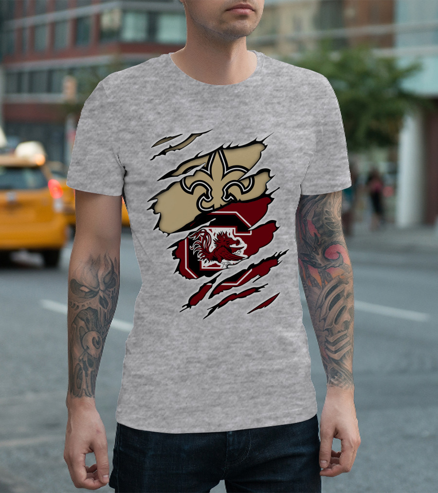 Saints Gamecocks Logo Crossover with Fleur-de-Lis and Fighting Rooster T-Shirt