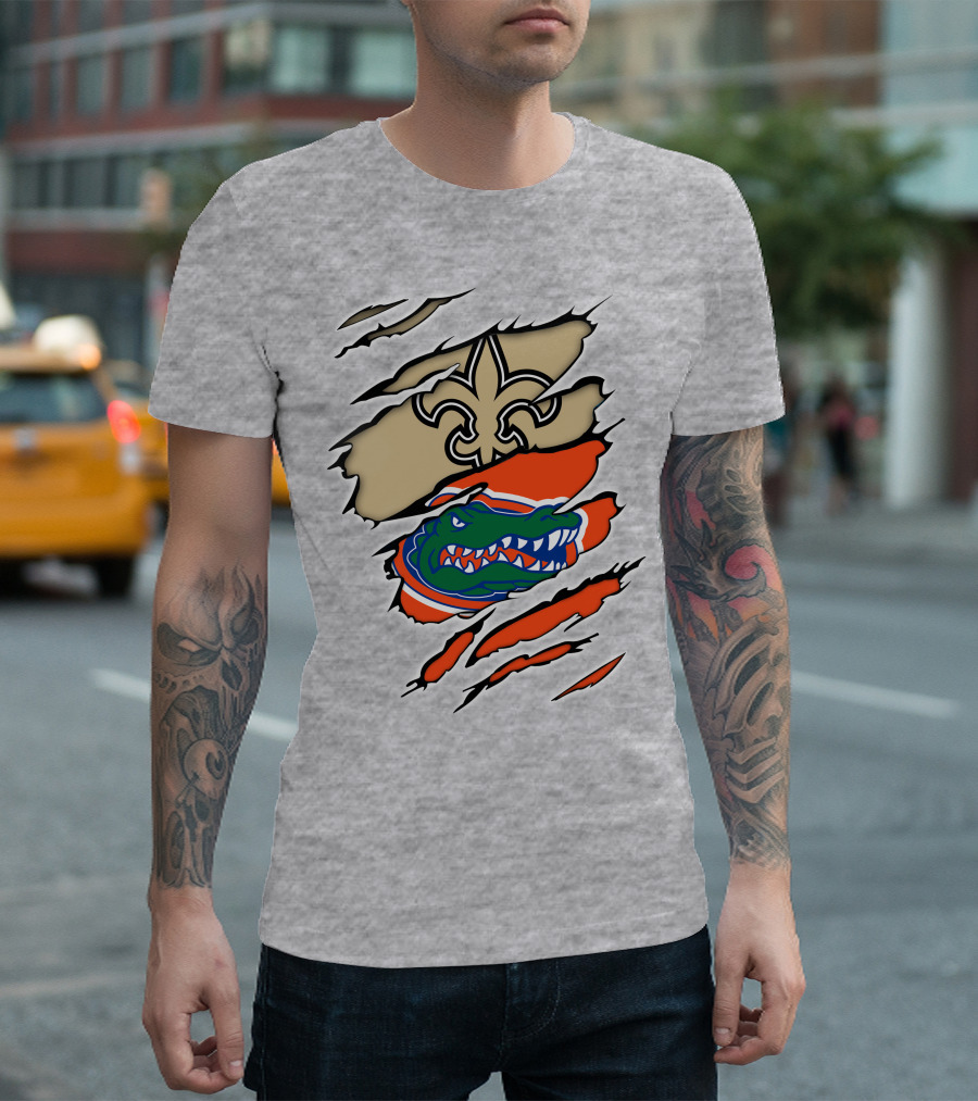 Saints Fleur-de-Lis And Gators Logo Rip T-Shirt