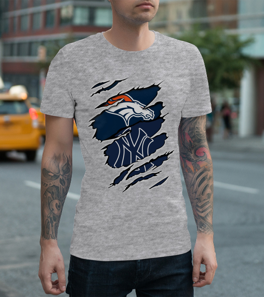 Broncos Yankees Distressed Dual Team Logo Fusion T-Shirt